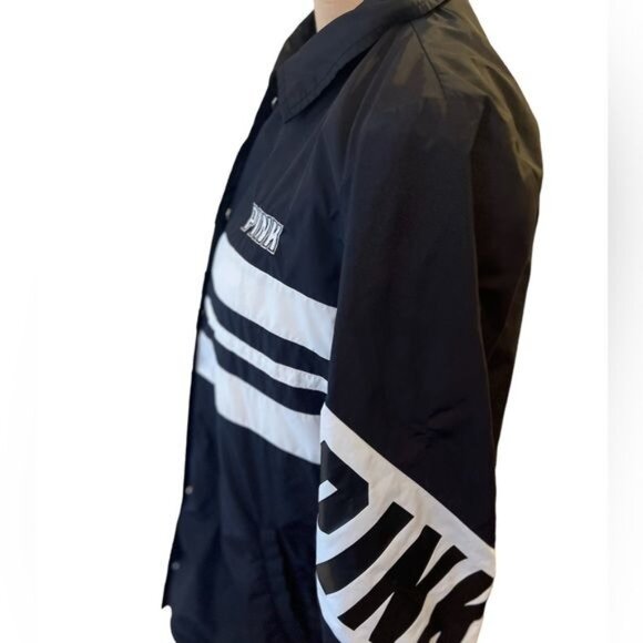 Victoria's Secret Pink Sherpa Lined Snap Button Coaches Jacket Black Logo Small - Picture 4 of 13